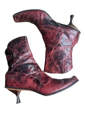 CYDWOQ Leather Ankle Boots Burgundy  Kitten Heels Square Toe Made in USA Sz 37